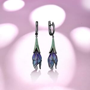 Blue Purple Stained Glass Look Flower Tulip Drop Earrings